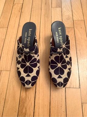 kate spade Navy and Cream Floral Embroidered Mules